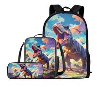 COEQINE Lot de 3 sacs à dos pour enfant avec sac à déjeuner, trousse à crayons, sac d'école, sac à dos, sac à dos, sac de voyage, plein air, Art Dinosaure, Taille unique