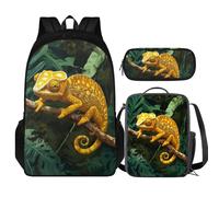 COEQINE Lot de 3 sacs à dos pour enfants, garçons, cartables, boîtes à déjeuner, grande boîte à crayons, sac d'école pour tout-petits de 4, 6, 8, 10 ans, Caméléon doré