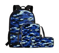 COEQINE Lot de 3 sacs à dos pour garçons avec boîte à déjeuner et trousse à crayons, sac à dos de voyage et de randonnée pour l'école de 1ère année, Camouflage bleu foncé