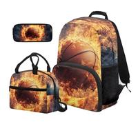 COEQINE Lot de 3 sacs à livres et boîte à déjeuner pour garçons de 4, 6, 8, 10, 12 ans - Sac d'école de grande capacité pour adolescents et voyages, Ballon de basket brûlant