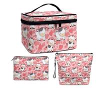 COEQINE Lot de 3 trousses de maquillage avec poignées - Grande capacité - Portable - En cuir - Étanche, Cœur de vache mignon rose, Trousse de toilette