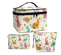 COEQINE Lot de 3 trousses de maquillage avec poignées - Grande capacité - Portable - En cuir - Étanche, Lapin de Pâques beige coloré, Trousse de toilette