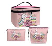 COEQINE Lot de 3 trousses de maquillage avec poignées - Grande capacité - Portable - En cuir - Étanche, Œufs de Pâques Lapin Rose, Trousse de toilette