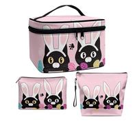 COEQINE Lot de 3 trousses de maquillage de voyage pour femme - Grande capacité - Portable - En cuir - Essentiels de voyage, Œufs de lapin pour chat de Pâques Rose, Trousse de toilette