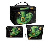 COEQINE Lot de 3 trousses de maquillage de voyage pour femme - Grande capacité - Portable - En cuir - Essentiels de voyage, Pièce de monnaie chapeau vert St Patrick, Trousse de toilette