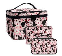 COEQINE Lot de 3 trousses de maquillage de voyage pour femme - Grande capacité - Portefeuille en cuir, Adorable cœur en forme de chat rose, Trousse de toilette