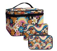 COEQINE Lot de 3 trousses de maquillage de voyage pour femme - Grande capacité - Portefeuille en cuir, Boho Floral Wave, Trousse de toilette