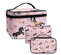 COEQINE Lot de 3 trousses de maquillage de voyage pour femme - Grande capacité - Portefeuille en cuir, Cheval en forme de cœur, Trousse de toilette