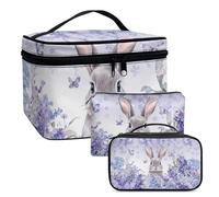 COEQINE Lot de 3 trousses de maquillage mignonnes pour femme - Motif floral - Double couche - Étanche, Lapin floral violet, Trousse de toilette