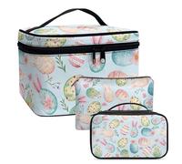 COEQINE Lot de 3 trousses de maquillage mignonnes pour femme - Motif floral - Double couche - Étanche, Œufs de Pâques bleus, Trousse de toilette