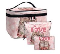 COEQINE Lot de 3 trousses de maquillage pour femme de grande capacité avec poignées - Étanche, Lovely Cats Rose, Trousse de toilette