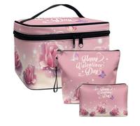 COEQINE Lot de 3 trousses de maquillage pour femme de grande capacité avec poignées - Étanche, Rose Valentine, Trousse de toilette