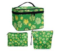 COEQINE Lot de 3 trousses de maquillage pour femme - Grande trousse de toilette de voyage pour femme - Trousse de toilette imperméable avec fermeture éclair, Feuilles vertes dorées de Saint-Patrick,