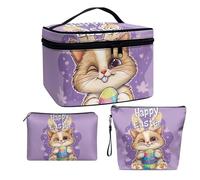 COEQINE Lot de 3 trousses de maquillage pour femme - Grande trousse de toilette de voyage pour femme - Trousse de toilette imperméable avec fermeture éclair, Œufs de Pâques en forme de lapin violet,