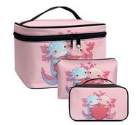 COEQINE Lot de 3 trousses de maquillage pour femme Rose avec double couche Trousse de toilette en cuir, Mignon Axolotl Valentine Decor, Trousse de toilette