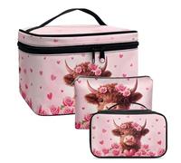 COEQINE Lot de 3 trousses de maquillage pour femme Rose avec double couche Trousse de toilette en cuir, Décoration de Saint-Valentin Motif teckel mignon, Trousse de toilette