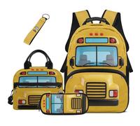 COEQINE Lot de 4 grandes trousses à crayons avec sac à dos pour garçons de 8 à 10 ans, Autobus scolaire lumineux