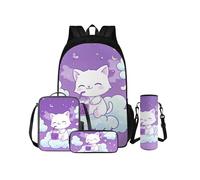 COEQINE Lot de 4 sacs à dos avec motif chat Boba violet pour filles de 4 à 6 ans et 10 à 12 ans, sac à dos avec boîte à déjeuner et housse pour bouteille d'eau, Thé au lait Boba Purple Cat