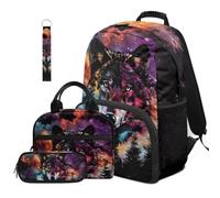 COEQINE Lot de 4 sacs à dos d'école cool pour garçons de 8 à 10 ans, 10 à 12 ans, 14 à 16 ans, sac d'école pour enfants avec sac à déjeuner, trousse à crayons, porte-clés, Loup gris galaxie