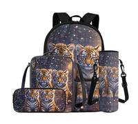 COEQINE Lot de 4 sacs à dos d'école primaire pour filles avec boîte à déjeuner et trousse à crayons pour adolescents et ordinateurs portables, Loup Galaxie Violet, M, Décontracté