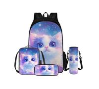 COEQINE Lot de 4 sacs à dos motif chat violet pour filles de 9 à 12 ans, sacs à dos de 6 à 8 ans avec bouteille d'eau, sac d'école mignon pour filles, 9 sacs à bandoulière rembourrés, Ragdoll Chat