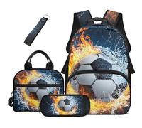 COEQINE Lot de 4 sacs à dos pour enfants de 8 à 12 ans avec boîte à déjeuner, sac à livres cool pour l'école primaire, cadeau pour la rentrée scolaire, Ballon de football 3D