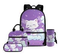 COEQINE Lot de 4 sacs à dos pour filles avec boîte à déjeuner et bouteille d'eau pour 4, 6, 8, 10 ans, Thé au lait Boba pour chat violet et blanc
