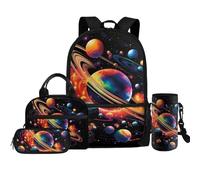 COEQINE Lot de 4 sacs à dos pour garçons avec boîte à déjeuner et bouteille d'eau pour 4, 6, 8, 10 ans, pour voyage, randonnée, Planète arc-en-ciel, Sacs à dos