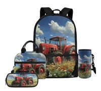 COEQINE Lot de 4 sacs à dos pour garçons avec boîte à déjeuner et bouteille d'eau pour 4, 6, 8, 10 ans, pour voyage, randonnée, Red Truck Cool Cars