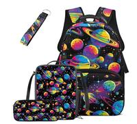 COEQINE Lot de 4 sacs à dos pour garçons de 6 à 18 ans - Sac d'école préscolaire - Boîte à déjeuner et boîte à crayons - Porte-clés - Cadeaux de rentrée scolaire, Boule spatiale arc-en-ciel