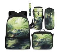 COEQINE Lot de 4 sacs d'école avec boîte à déjeuner amovible pour filles - Pochette pour bouteille d'eau - Porte-clés, Cool Crocodile Green Animal