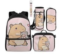 COEQINE Lot de 4 sacs d'école avec boîte à déjeuner amovible pour filles - Pochette pour bouteille d'eau - Porte-clés, Capybara Boba Rose