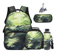 COEQINE Lot de 5 sacs à dos pour école pour enfants de 8 à 16 ans avec sacs à déjeuner, étui à stylos, porte-clés, pochette pour bouteille d'eau, Vert Crocodile