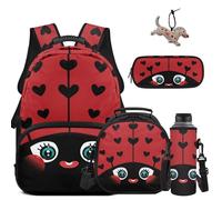COEQINE Lot de 5 sacs d'école pour enfants avec boîte à déjeuner de 43,2 cm avec porte-clés, pochette pour bouteille d'eau, trousse à crayons, Cœur coccinelle noir et rouge