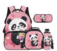 COEQINE Lot de 5 sacs d'école pour enfants avec boîte à déjeuner de 43,2 cm avec porte-clés, pochette pour bouteille d'eau, trousse à crayons, Thé Boba Panda Rose