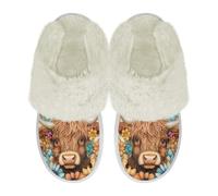 COEQINE Pantoufles en mousse à mémoire de forme pour femme - Coupe large - Motif cochon kawaii - Rose - Chaussures antidérapantes pour chambre à coucher, Imprimé floral hippie vache Highland, 12/12.5