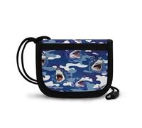 COEQINE Petit portefeuille à 3 volets pour homme avec fermeture éclair pour garçons de 8 à 10 ans avec lanière, Requin camouflage bleu