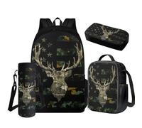 COEQINE Petit sac à dos avec boîte à déjeuner 4 pièces pour enfants d'âge préscolaire avec porte-bouteille d'eau pour la rentrée scolaire, Drapeau américain camouflage cerf en bois