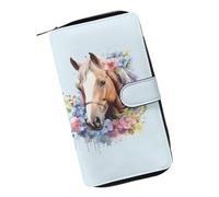 COEQINE Portefeuille animal mignon poulet long sac d'argent en cuir sac à main avec fermeture éclair pour pièces de monnaie, sac à main de voyage pour fête, Cheval bleu floral, Large