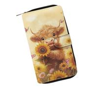 COEQINE Portefeuille animal mignon poulet long sac d'argent en cuir sac à main avec fermeture éclair pour pièces de monnaie, sac à main de voyage pour fête, Vache des Highlands Tournesol, Large
