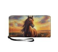 COEQINE Portefeuille cool pour homme en cuir PU souple avec porte-cartes fin et imperméable avec poignées de voyage pour lui, Imprimé cheval coucher de soleil, Décontracté