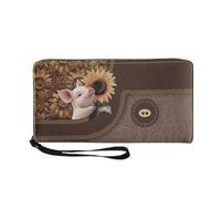 COEQINE Portefeuille en cuir personnalisé pour femme, motif animal, pochette marron à fermeture éclair pour téléphone portable, Nom avec cochon tournesol, Décontracté