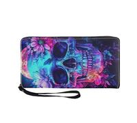 COEQINE Portefeuille en cuir pour femme avec dragonne et porte-cartes de visite pour femme, pochette pour téléphone portable, anniversaire, Crâne gothique rose marguerite, Décontracté