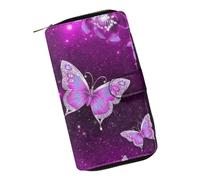 COEQINE Portefeuille en cuir rose avec imprimé chat mignon pour femme, cadeau d'anniversaire, sac à monnaie en cuir pour voyage, Imprimé papillon violet