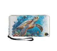 COEQINE Portefeuille fin avec fermeture éclair pour femme, sac à main de voyage en cuir pour femme, étui étanche en polyuréthane avec porte-cartes et dragonne, Tortue de mer., Décontracté