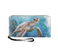 COEQINE Portefeuille fin avec fermeture éclair pour femme, sac à main de voyage en cuir pour femme, étui étanche en polyuréthane avec porte-cartes et dragonne, Tortue bleue., Décontracté