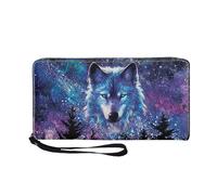 COEQINE Portefeuille fin en cuir PU pour homme avec fermeture éclair, porte-cartes et accessoires de voyage pour papa, anniversaire, jour commémoratif, Galaxy Wolf Violet Bleu, Décontracté