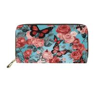 COEQINE Portefeuille portable en cuir synthétique pour femme, couverture souple, portefeuille long à thème tendance avec fermeture éclair, Papillon rétro floral bleu