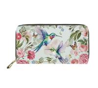 COEQINE Portefeuille portable en cuir synthétique pour femme, couverture souple, portefeuille long à thème tendance avec fermeture éclair, Colibri floral.