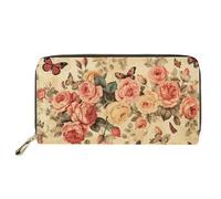 COEQINE Portefeuille portable en cuir synthétique pour femme, couverture souple, portefeuille long à thème tendance avec fermeture éclair, Retoro Floral Jaune Papillon Rose Fleur